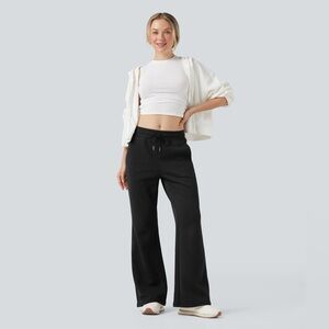 Ribbed high Rise Drawstring Wide Leg Flowy Casual Pants with Side Pockets